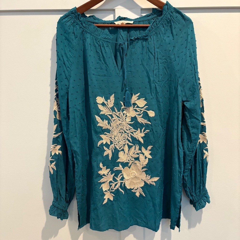 Solitaire Teal Swiss Dot Embroidered Peasant Blouse Boho Tassel Tunic Top Small - Picture 2 of 13